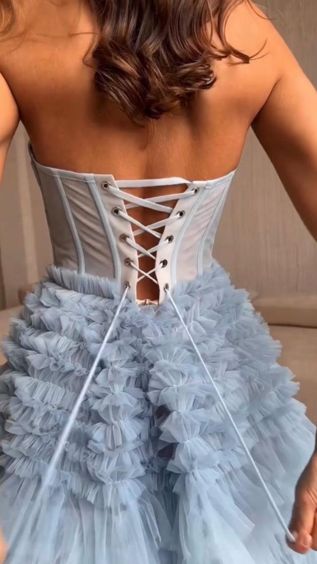 chinese dress ladies Light Blue Strapless Frill-Layered Fluffy Dress main image 1