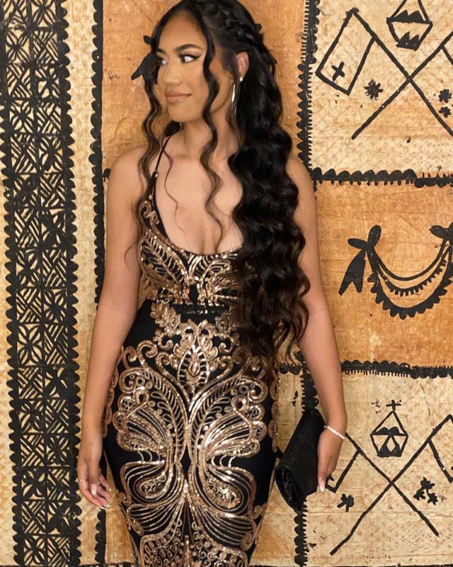 Honey Couture MAYA Black & Rose Gold Sequin Tie Up Back Formal Dress