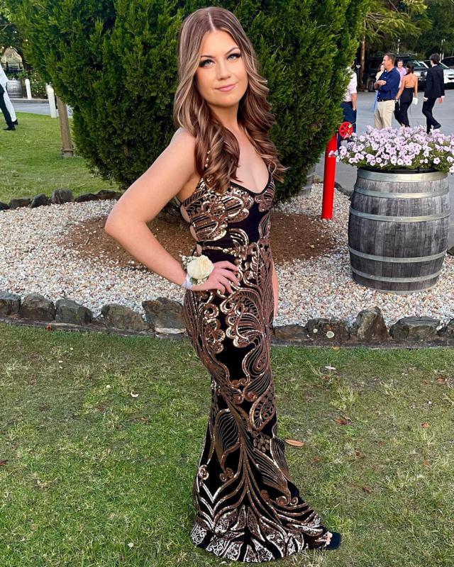 Honey Couture MAYA Black & Rose Gold Sequin Tie Up Back Formal Dress