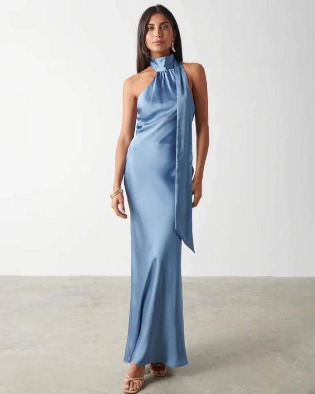 blue satin dress with neck scarf Tilly Satin High Neck Scarf Tie Halter Dress main image 0