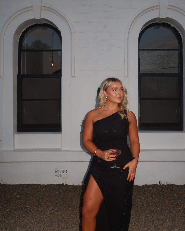 Amara Dress Black Diamante One Shoulder Gown | Studio Lexi
