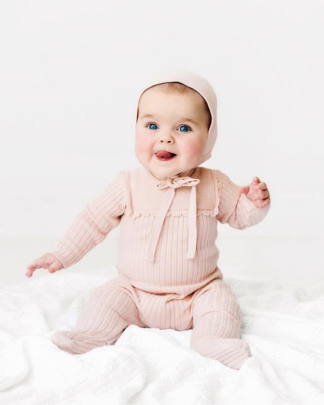 Scallop Trimmed Rib Knit Romper & Bonnet I Newborn Layette with