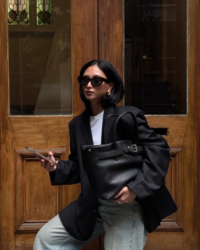 ANDROS]Vegetable Leather Belted Big Bag (Black)