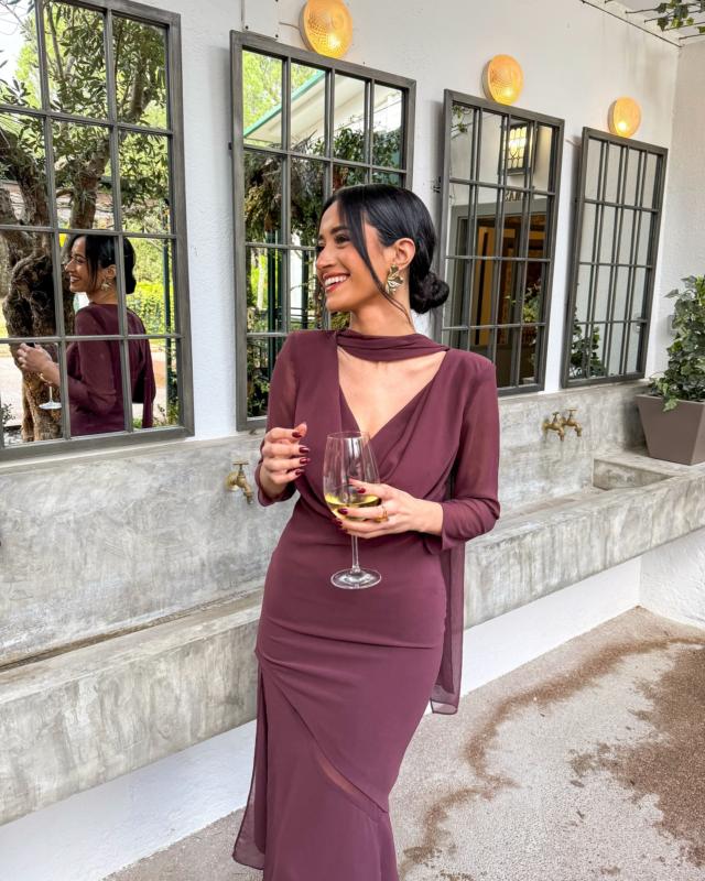 Draped Midi Dress with Shawl Neckline, Low Asymmetric Neck