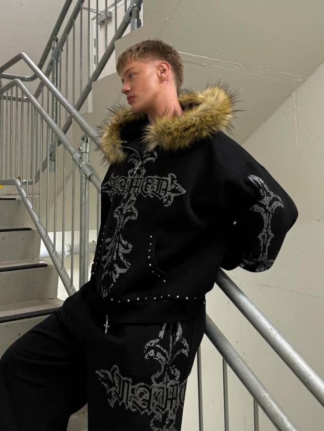 Feral Faux Fur Studded Zip Hoodie Black (Detachable Fur