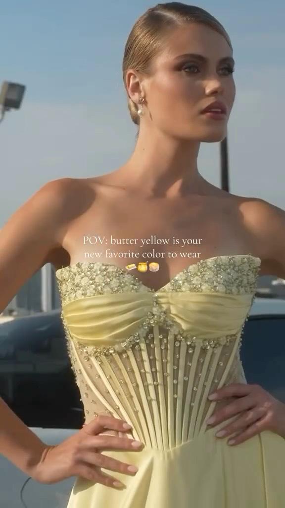 macey corset strapless dress in yellow Macey Corset Strapless Dress in Yellow