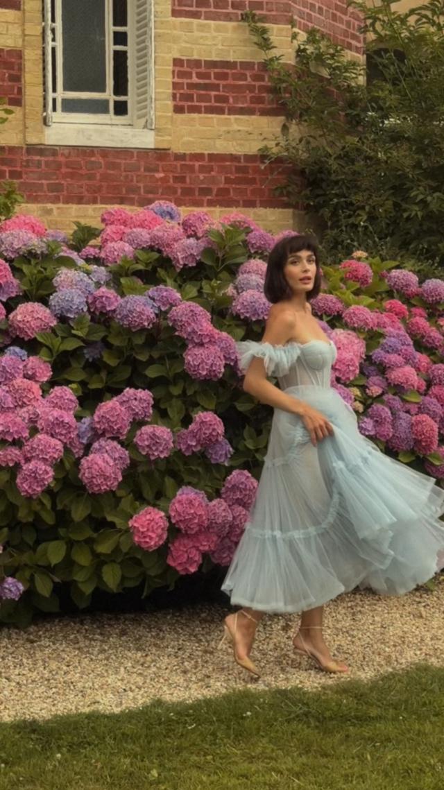 Light Blue Ruffled Tulle Midi Dress