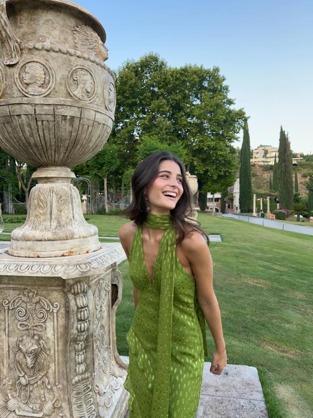 oil green dress Long Jacquard Halter Dress with Ruffled Skirt Florence Olive Green