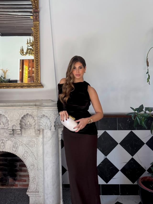 Asymmetrical Midi Dress in Velvet with Gathered Chiffon and Slit