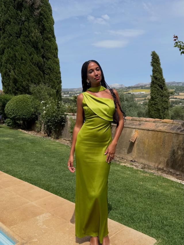 Long Asymmetric Draped Dress with Contrast Detail Oceana Green
