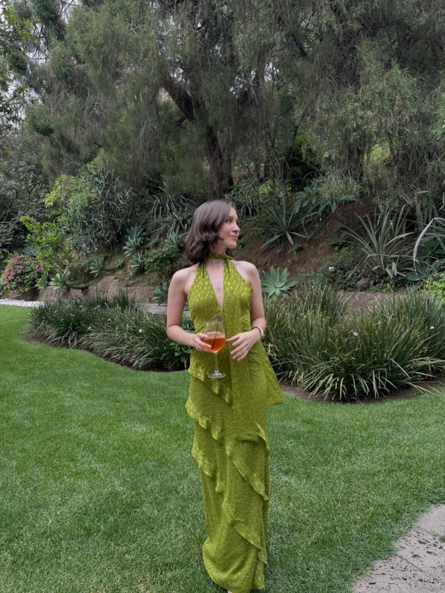 Long Jacquard Halter Dress with Ruffled Skirt Florence Olive Green