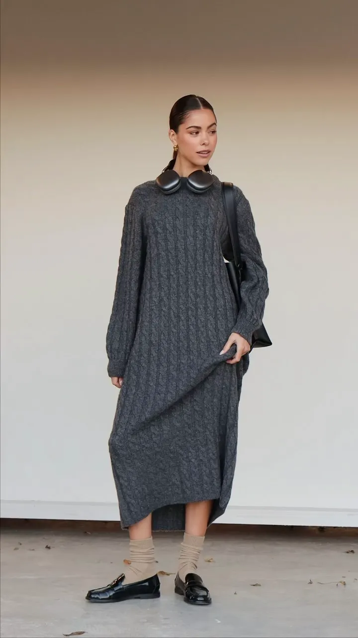 Elisha Cable Knit Midaxi Dress - Charcoal Grey – Pretty Lavish