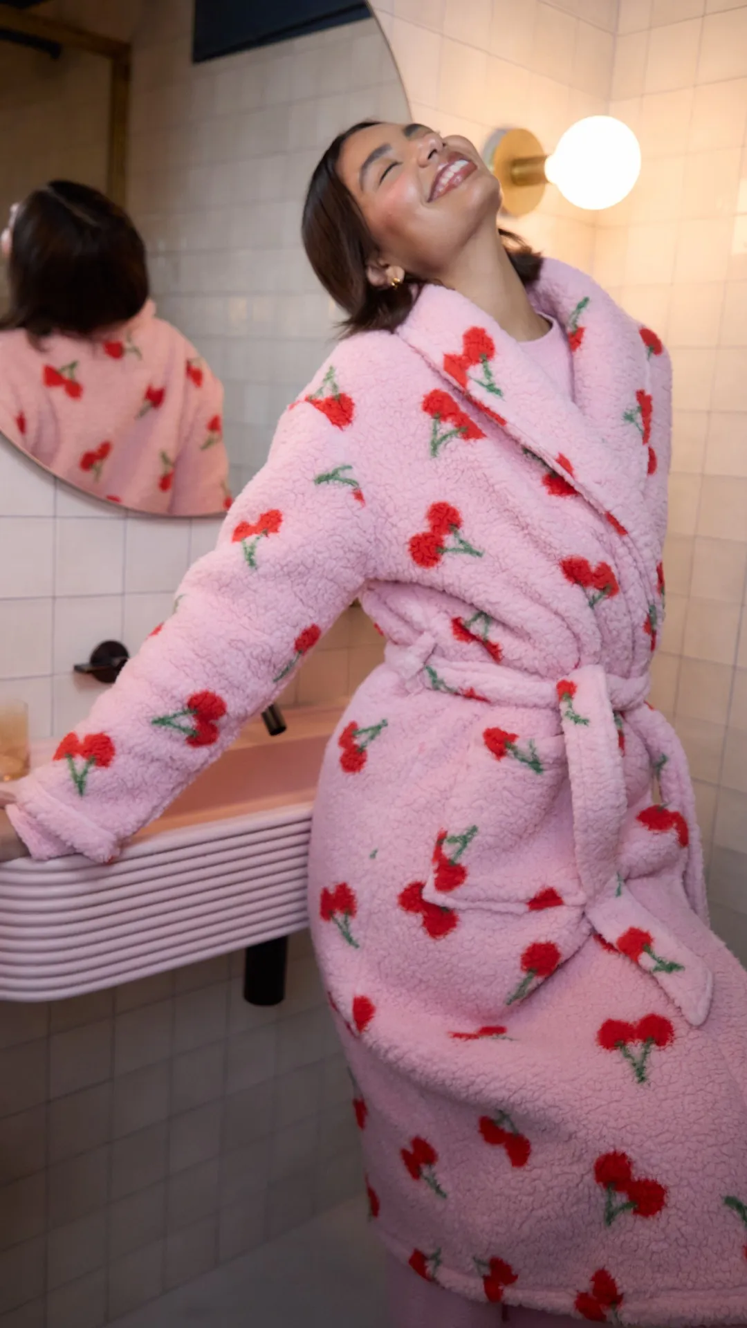 cherry berry princess 浴衣ワンピース Ank Rouge Threadbare Women's Cherry Print Borg Dressing Gown in Pink
