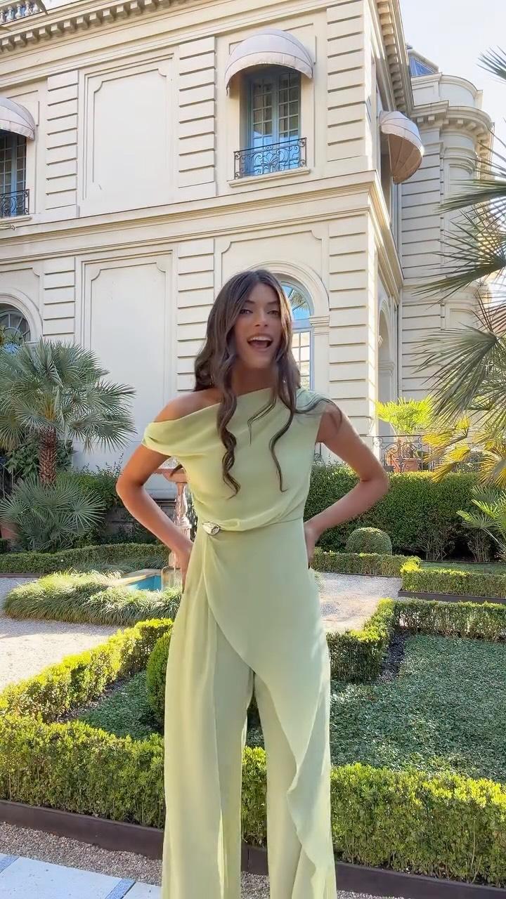Long Asymmetric Draped Chiffon Jumpsuit Olinda Apple Green | Lady Pipa