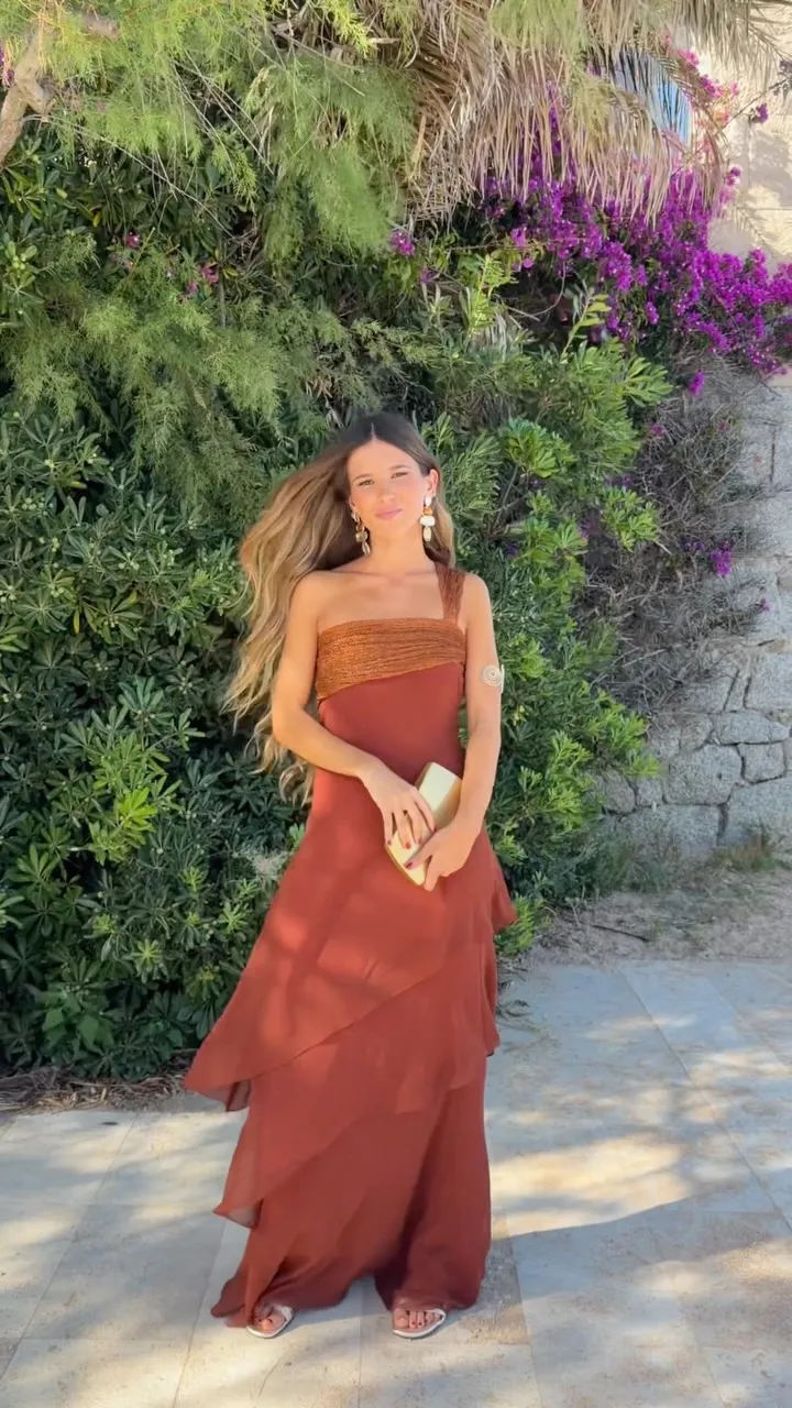Long Asymmetric Chiffon Dress with Ruffles Antonella Copper | Lady