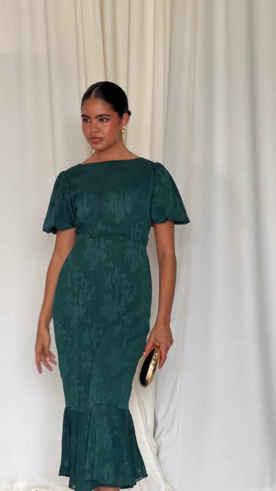 Forest Green Jacquard Puff Sleeve Midi Dress – Needs No Label