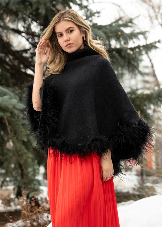 Feather Trim Poncho Sweater - Kate Hewko