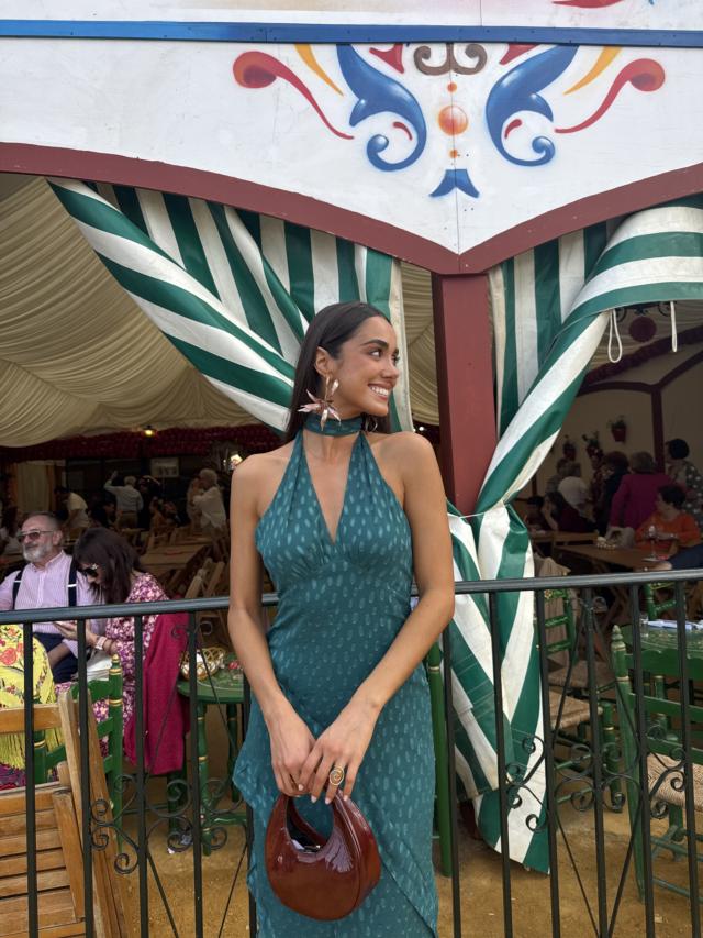 Long Jacquard Halter Dress with Ruffled Skirt Florence Petrol Blue